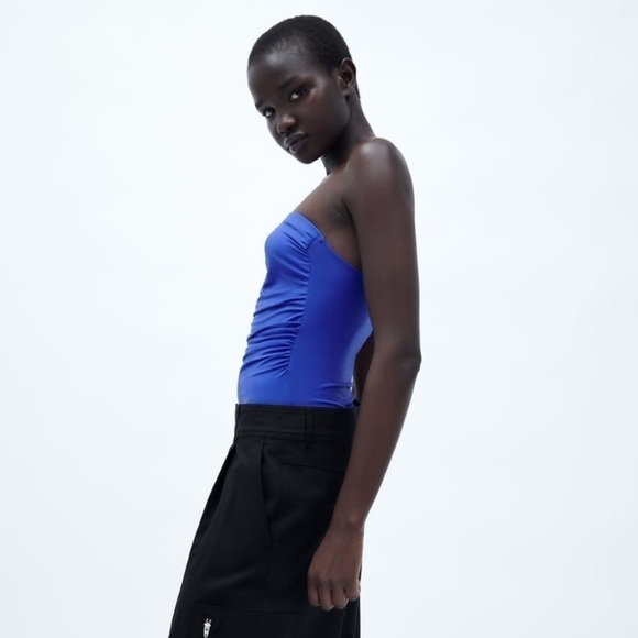 ZARA RUCHED DRAPED PED STRAPLESS BODYSUIT ELECTRIC BLUE SZ L - Picture 5 of 12